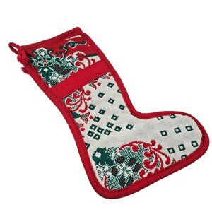 Vintage Woven Christmas Stocking 16in Red Green White Cotton Farmhouse Decor